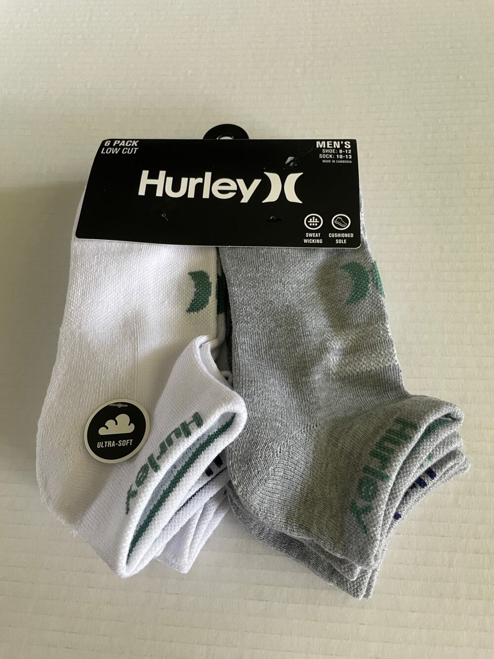 ADULT HURLEY 6 PAIR GRAY WHITE ANKLE SOCKS NEW